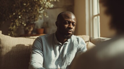 Fototapeta premium Man in Thoughtful Conversation with Psychologist in Warmly Lit Interior
