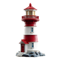 Decorative red and white lighthouse model with stone base isolated on transparent background