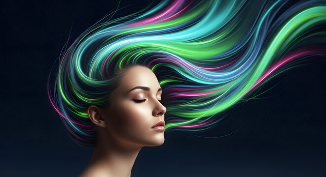 Ethereal Beauty: A woman, serene with closed eyes, embodies tranquility as her hair cascades with vibrant, abstract neon hues, creating an aura of surreal beauty.