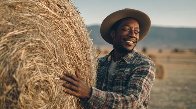 Smiling Farmer Lifting Hay Bale on Sunlit Countryside Plains