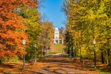 Beautiful old pavilion and promenade in park Maksimir in the city of Zagreb, Croatia in autumn 