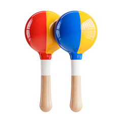 Two colorful maracas with wooden handles isolated on transparent background