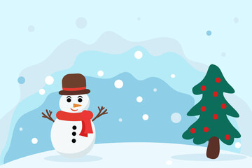 Vector Christmas postcard featuring a happy snowman standing among snowy hills and pine trees. Cozy winter holiday atmosphere. Perfect for greeting cards, festive designs, seasonal posters, New Year.