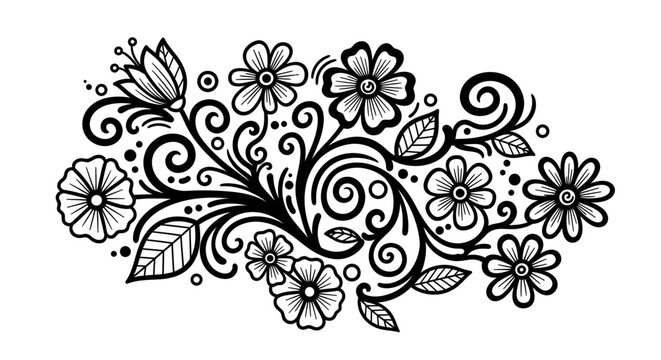 Stylized Floral Swirl Decorative Element with Leaves and Flowers on Isolated White Background