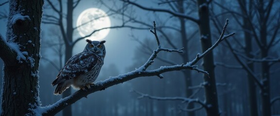 Owl resting on branch under full moon in winter forest  