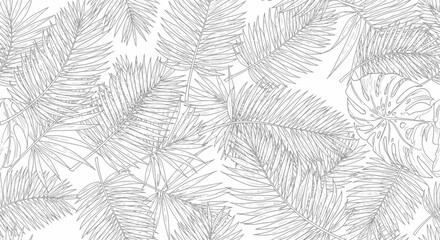 Seamless Tropical Leaves Pattern with Palm and Monstera in Line Art Style on Isolated White Background, Fresh and Exotic