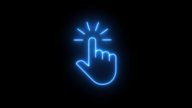 glowing neon hand mouse cursor icon on black background. hand cursor with click and accent. Mouse pointer hand click icon animation. Clicking finger icon with black background.