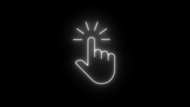 glowing neon hand mouse cursor icon on black background. hand cursor with click and accent. Mouse pointer hand click icon animation. Clicking finger icon with black background.