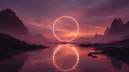 Mystical glowing ring hovering over a calm river at sunset with dramatic mountains in the background, reflecting in the water