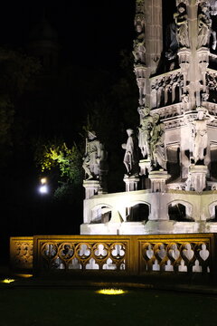 Architectural details of Kranner&rsquo;s Fountain in Prague illuminated at night