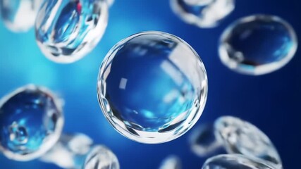 Closeup of abstract blue transparent liquid bubbles or spheres floating and moving in a clear fluid representing scientific research medical advancements or cosmetic ingredients in a futuristic micro. - Powered by Adobe