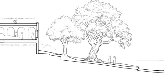 Obraz premium Sketch of a building with arches and trees, creating a serene and artistic architectural landscape