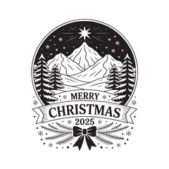 Christmas 2025 winter mountain landscape with pine trees and a star