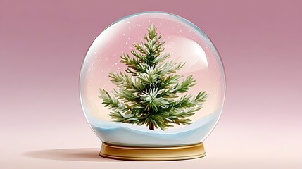 A Christmas tree is inside a glass globe. The tree is surrounded by snow and the globe is on a pink background
