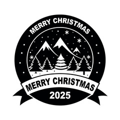 Christmas emblem for 2025 with snowy mountains and pine trees