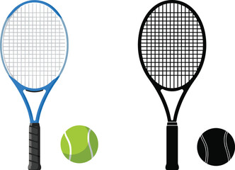 Contrast of Realistic and Silhouette Tennis Rackets with Balls Highlighting Equipment Design Styles for Sports, Illustration, and Educational Use