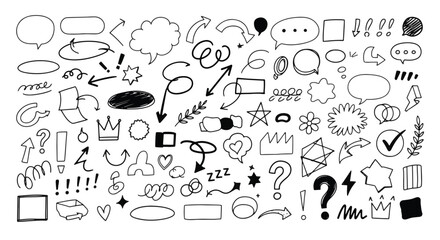Hand drawn doodle elements set collection of sketch icons, arrows, hearts, stars, speech bubbles