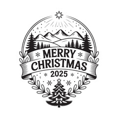 Christmas 2025 holiday emblem with mountain, forest, and festive tree illustration