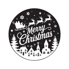 Christmas silhouette with Santa, reindeer, and village scene