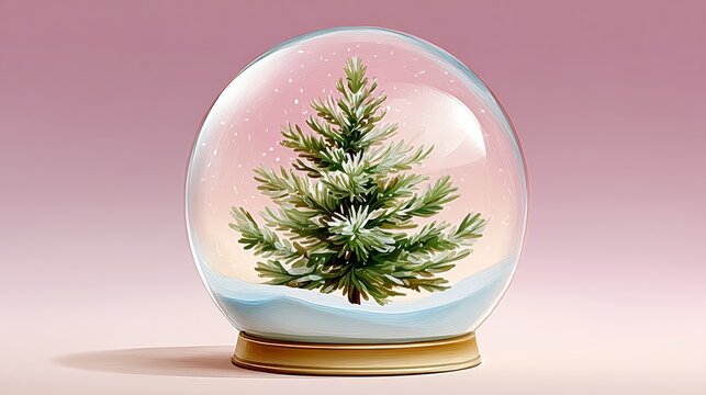 A Christmas tree is inside a glass globe. The tree is surrounded by snow and the globe is on a pink background