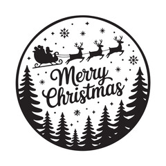 Christmas greeting with Santa, sleigh, reindeer, and pine trees