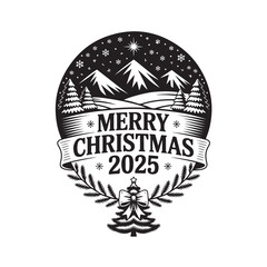Christmas 2025 holiday greeting with winter landscape, pine trees, and festive elements