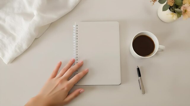 Overhead View Of A Woman's Hand Resting On A Closed Notebook Next To A Coffee Cup And Pen