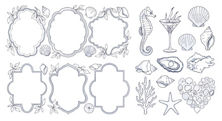 Set of sea and ocean decorative frame and elements, vector illustration seahorse, shell, starfish