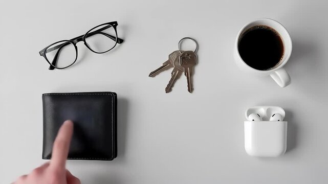 Overhead View Of A Hand Reaching For Keys Near A Wallet, Coffee, Glasses, And Wireless Earbuds On White Surface