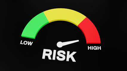 3D Risk Level Gauge Showing High Risk Indicator with Color Scale from Low to High on Black Background