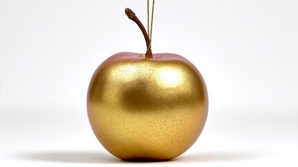 A gold apple with a stem. The apple is shiny and golden. It is a decorative item