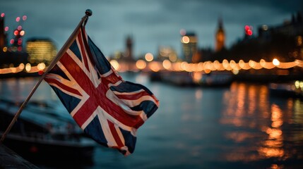 British Flag Fluttering Over Thames at Sunset with City Lights Reflection