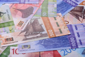 Money, currency of Norway, Norwegian krone banknotes. Norway, Norwegian money