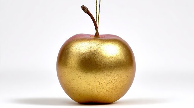 A gold apple with a stem. The apple is shiny and golden. It is a decorative item
