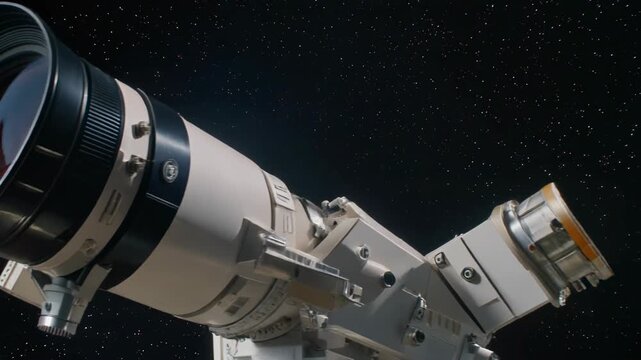 A detailed, photorealistic close-up of an astronomical telescope observing the vastness of the universe, highlighting scientific exploration and discovery