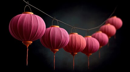A row of pink lanterns hanging from a string. The lanterns are of different sizes and are arranged in a line. The scene has a warm and inviting atmosphere, as the lanterns are lit up