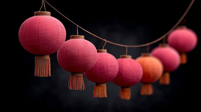 A row of red lanterns hanging from a rope. The lanterns are of different sizes and are hanging in a line - Powered by Adobe