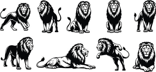 Stylized Lion Poses in Black and White, Regal, Resting, Roaring, Walking, Sitting, Powerful Expressions, Anatomy, Strength, Grace, Majesty