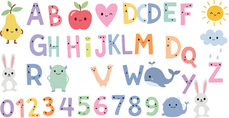 Cute alphabet with cartoon animals and objects for kids learning