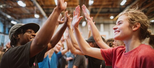 Diverse Athletes High-Fiving at Inclusive Fitness Event Celebrating Community
