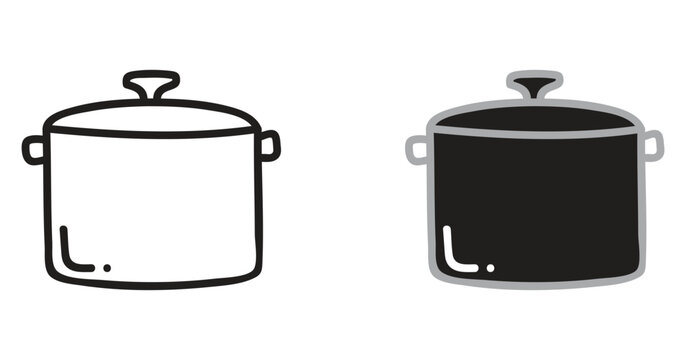 Cooking essentials pot icons for culinary designs, kitchenware illustrations and recipe templates, perfect for food blogs and educational resources