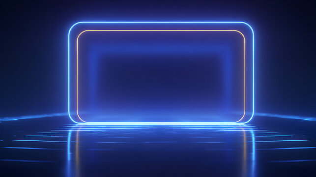 A glowing blue and orange neon rectangle with rounded corners on a reflective dark surface, suggesting a digital interface or portal - Powered by Adobe