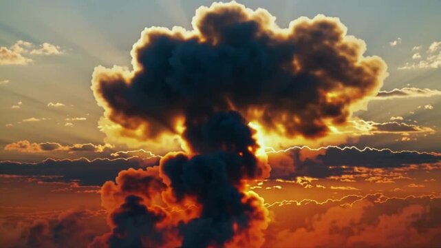 Massive mushroom cloud explosion erupting into dramatic sunset sky with sun rays piercing through dark smoke and fiery orange clouds