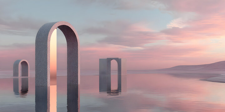 Surreal landscape with ancient stone arches rising from calm water under a soft pink and blue pastel sky at dawn or dusk