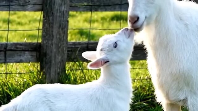 Adorable Goat Kid Nuzzles Mother Goat in Sunny Pasture.