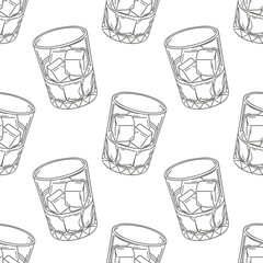 Seamless pattern of hand drawn whiskey glasses with ice cubes.