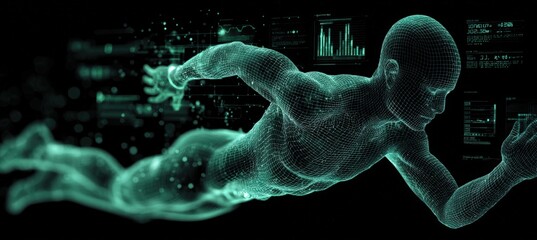 Futuristic Fitness Tracker Interface on Runner Silhouette with Real-Time Biometric Data