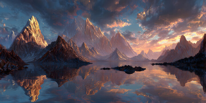 Majestic mountain range reflected in a calm lake during a vibrant sunset with dramatic clouds - Powered by Adobe