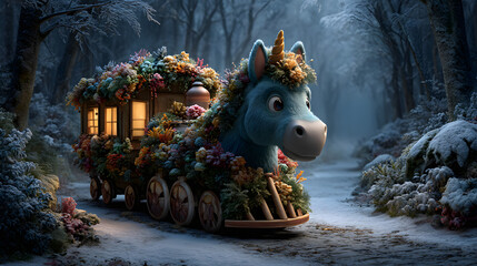 Unicorn Riding a Magical Christmas Train through Snowy Forest – Winter Fantasy Illustration
