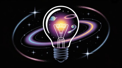 Light bulb filled with colorful galaxy and planets against starry background lightbulb universe
